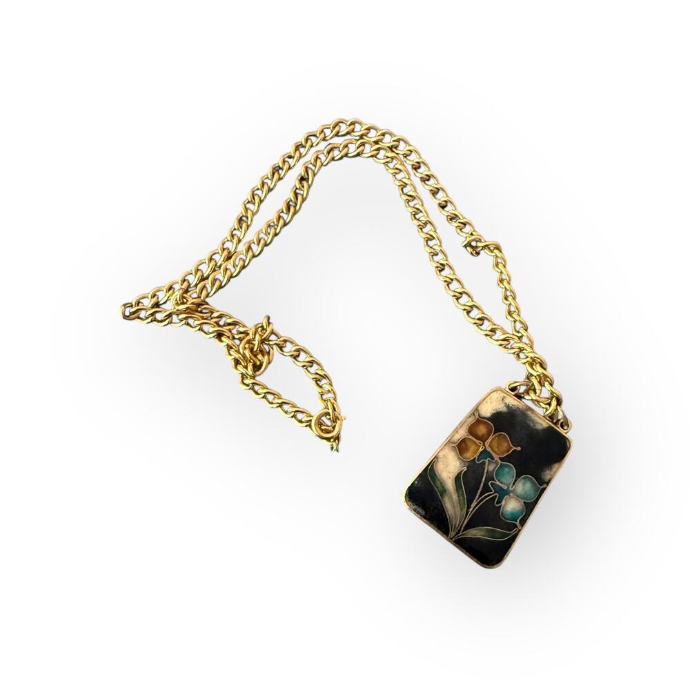 Vintage Cloisonné Floral Enamel Pendant Necklace Gold Tone Chain Asian Boho